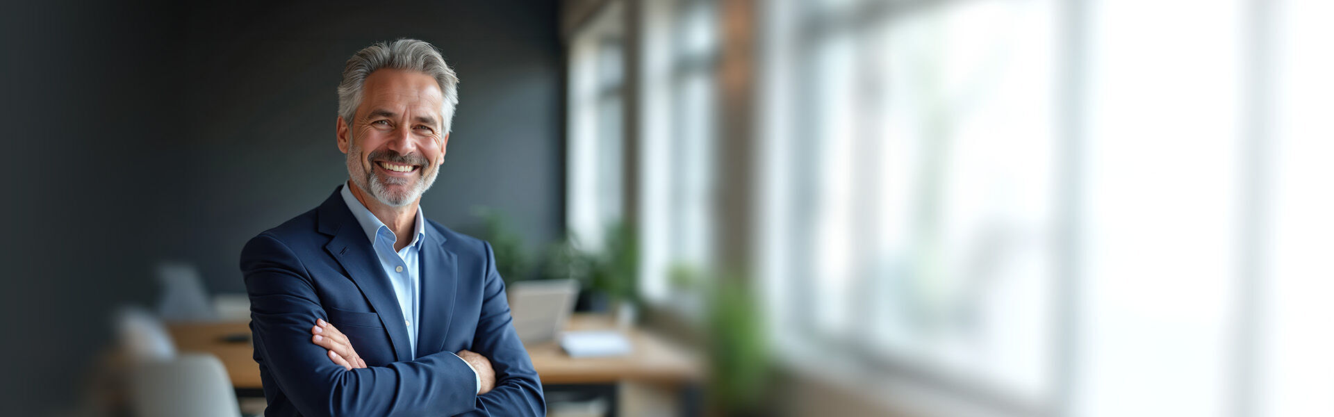 Kompetenz-Coaching Lächelnder Geschäftsmann im schicken Anzug steht in seinem Büro und bereitet sich auf das Coaching für Assessment Center vor.